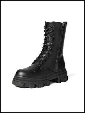 Women's Combat Boots Lace Up Mid Calf Faux Leather